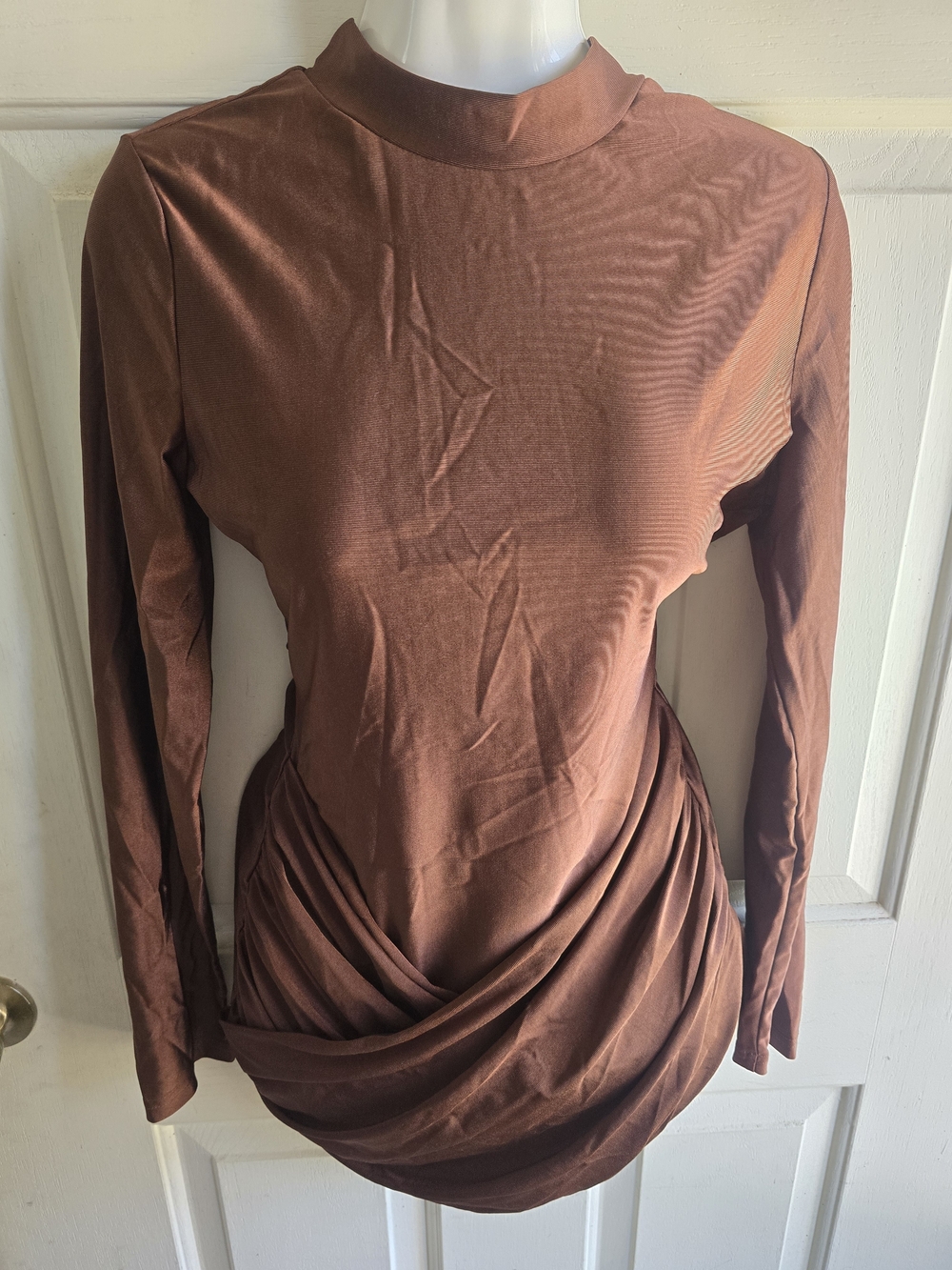 SHEIN Brown Long Sleeve Draped Mock Neck Dress